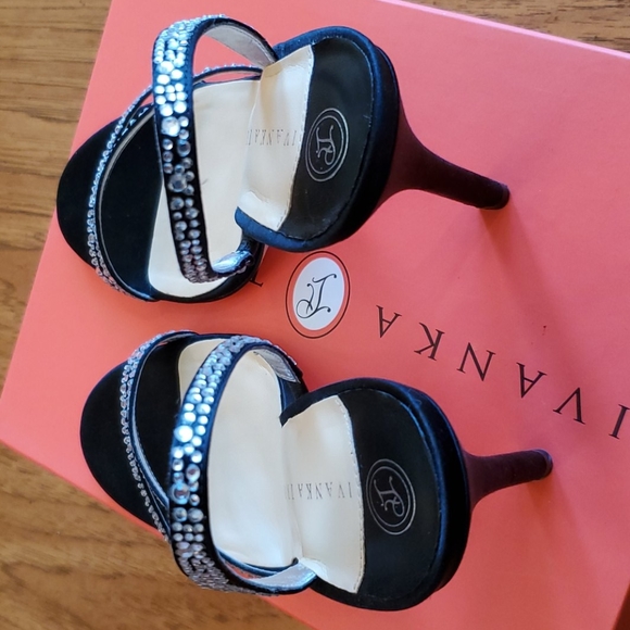 Black Satin Rhinestone Heeled Sandals - Picture 4 of 9